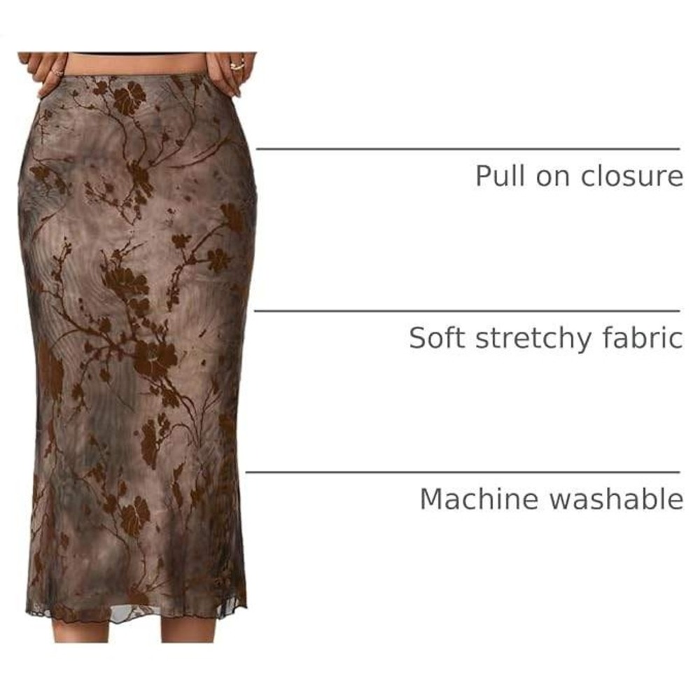 Verdusa Fishtail Mesh Midi Skirt Womens M Brown Floral Lettuce Goth Grunge Indie - Picture 3 of 16